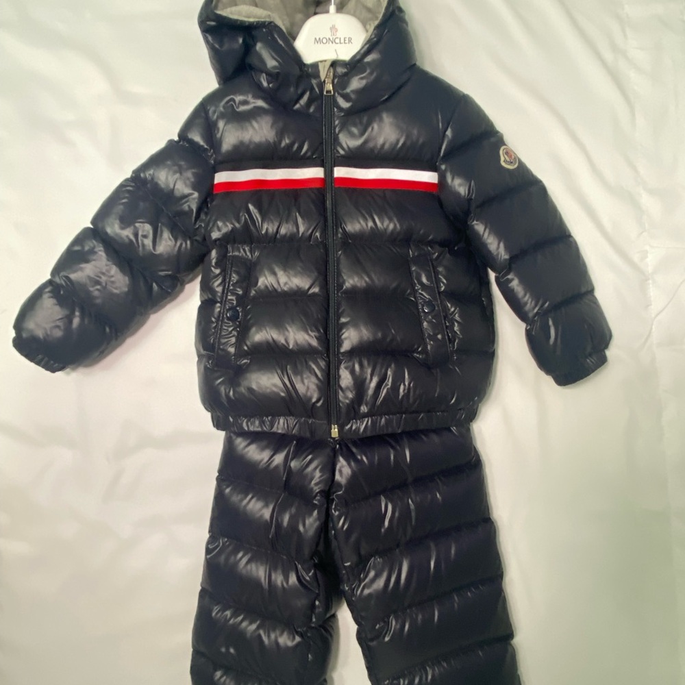 Moncler Navy Puffer Jacket and Pants with Red Stripe